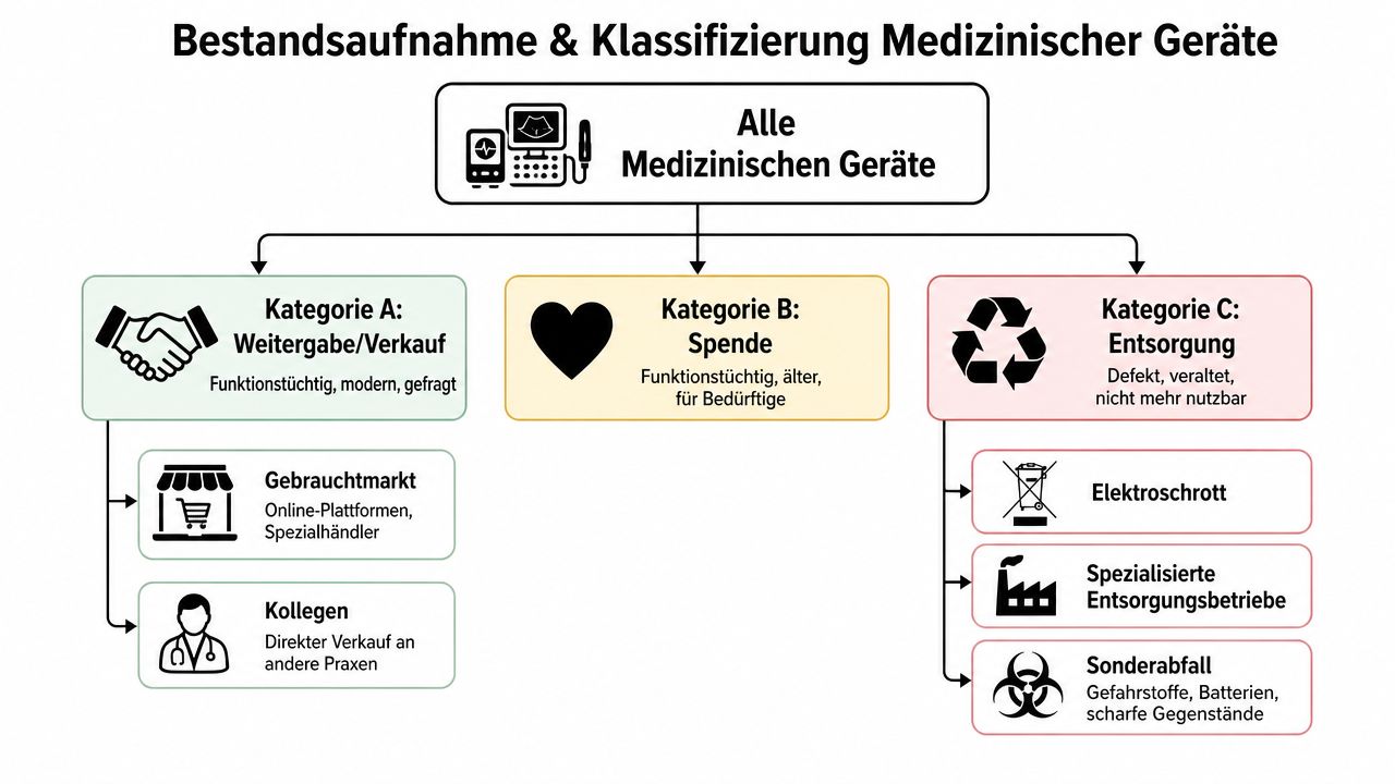 Ein Flussdiagramm zur Klassifizierung und Entsorgung oder Weiterverwendung von medizinischen Geräten bei Praxisauflösungen.