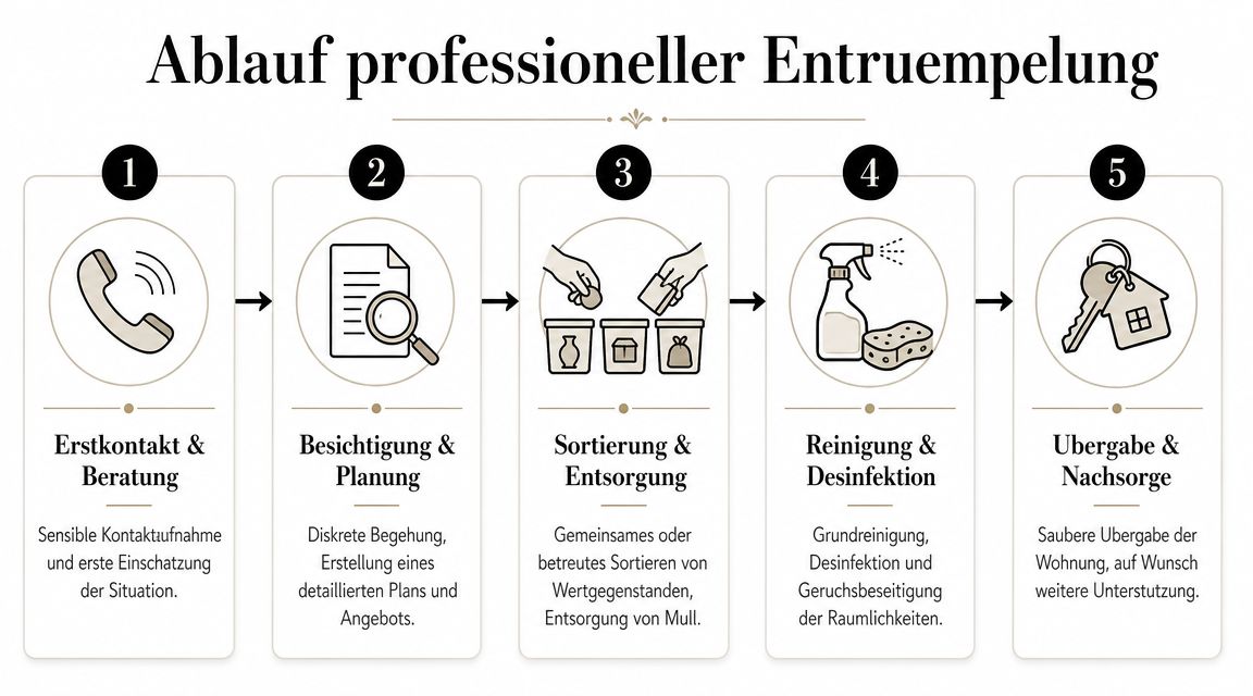 Eine Infografik mit fünf Schritten für den Ablauf einer professionellen Entrümpelung einer Wohnung.