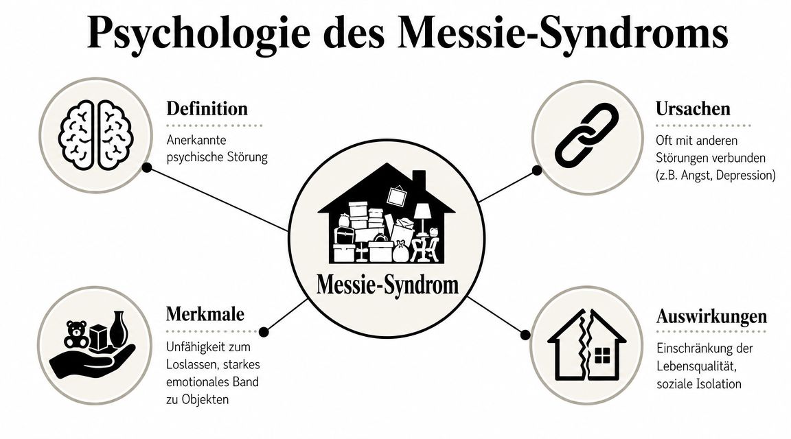 Eine Infografik zur Psychologie des Messie-Syndroms mit Definition, Ursachen, Merkmalen und Auswirkungen des Krankheitsbildes.