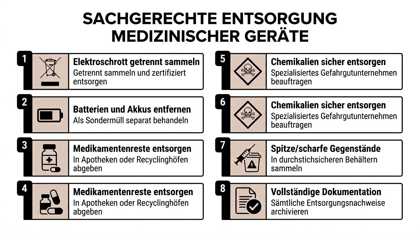 Infografik zur sachgerechten Entsorgung medizinischer Geräte mit acht klaren Schritten für eine sichere und vorschriftsgemäße Abfalltrennung.