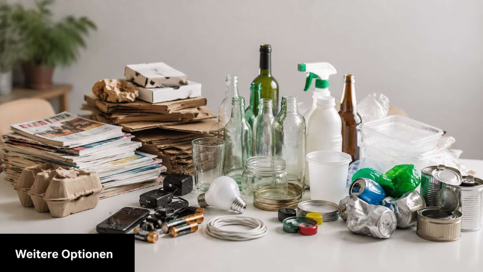 Eine Vielzahl von verschiedenen wiederverwertbaren Materialien wie Glasflaschen, Papier, Dosen und Elektroschrott zur Mülltrennung auf einem Tisch.