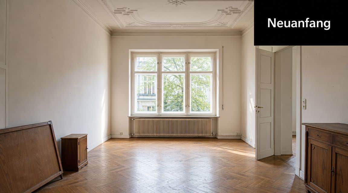 Ein lichtdurchfluteter Raum mit Fischgrätparkett, hohen Decken und einem großen Fenster mit Blick ins Grüne.