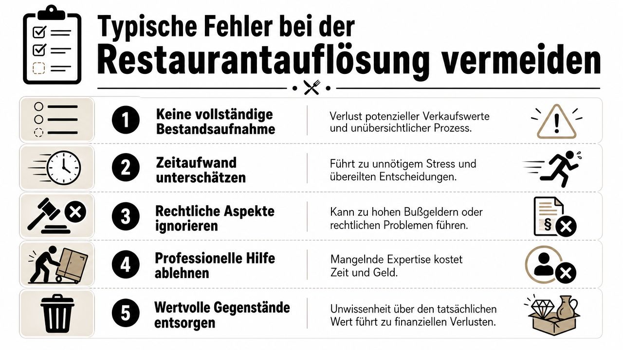 Eine Infografik mit fünf typischen Fehlern, die man bei einer Restaurantauflösung vermeiden sollte, um finanzielle Verluste zu verhindern.
