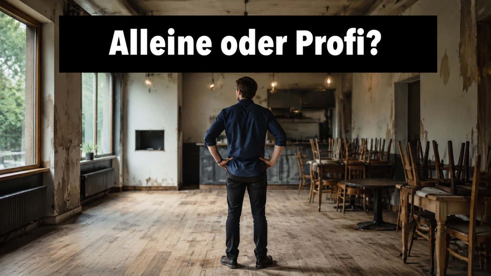 Ein Mann steht alleine in einem leeren, renovierungsbedürftigen Restaurant und blickt auf die gestapelten Tische und Stühle.