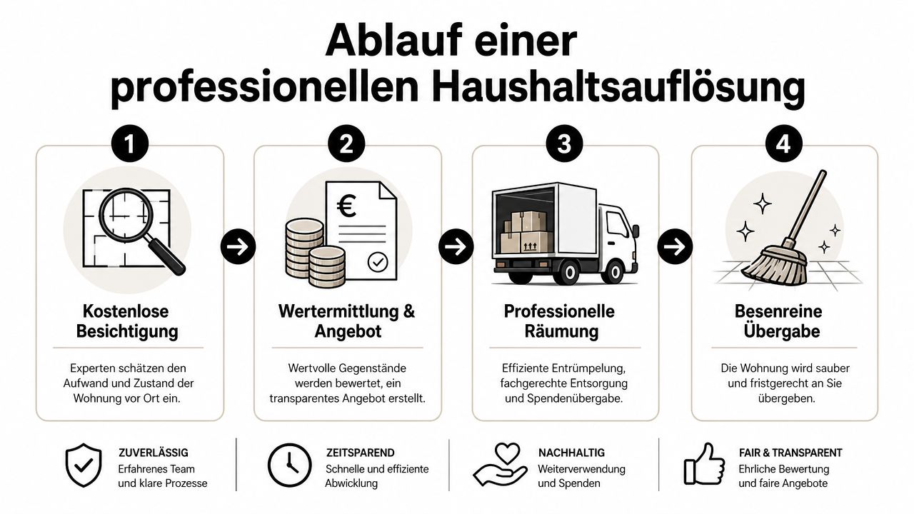Infografik zum Ablauf einer professionellen Haushaltsauflösung in vier klaren Schritten von der Besichtigung bis zur Übergabe.