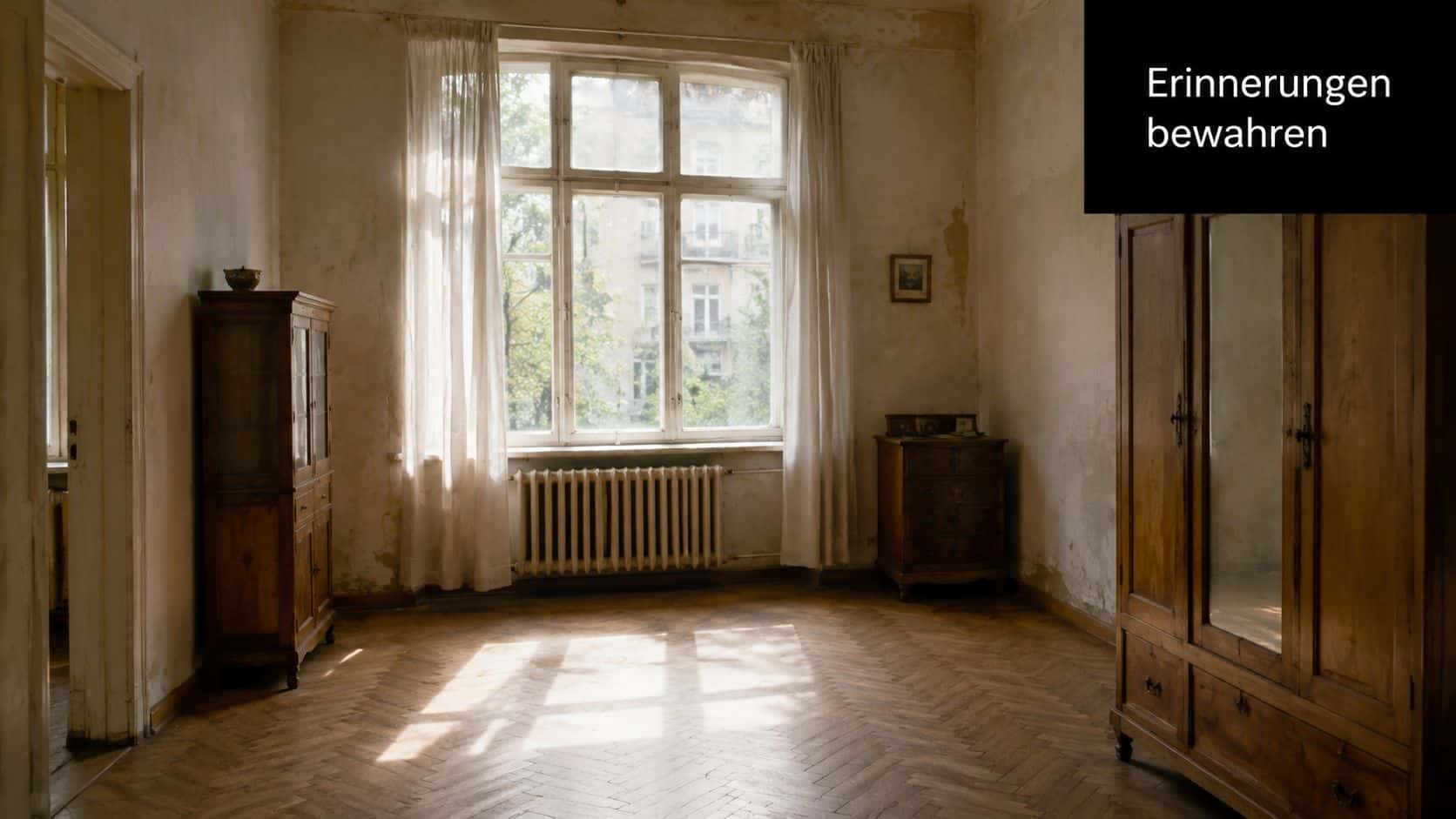 Ein helles, leeres Zimmer mit historischen Holzmöbeln, Fischgrätparkett und großen Fenstern in einer Altbauwohnung.