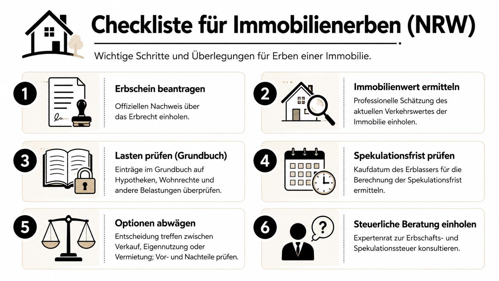 Eine Checkliste für Erben einer Immobilie in NRW mit sechs wichtigen Schritten und grafischen Icons zur Orientierung.