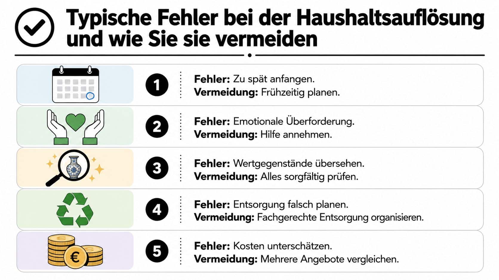 Eine Infografik mit fünf typischen Fehlern bei der Haushaltsauflösung und hilfreichen Tipps zur deren Vermeidung.