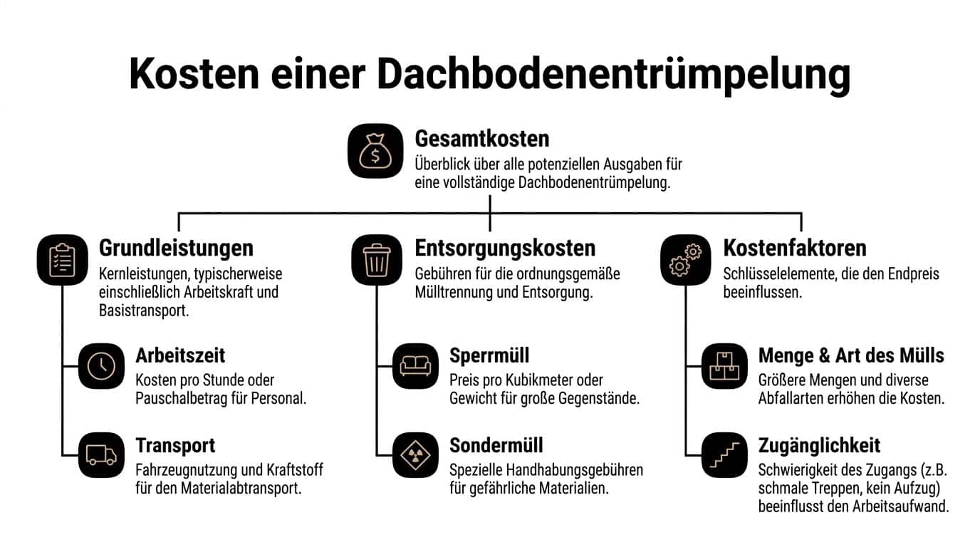 Übersichtsgrafik zu den Kosten einer Dachbodenentrümpelung unterteilt in Grundleistungen, Entsorgungskosten und verschiedene wichtige Kostenfaktoren.
