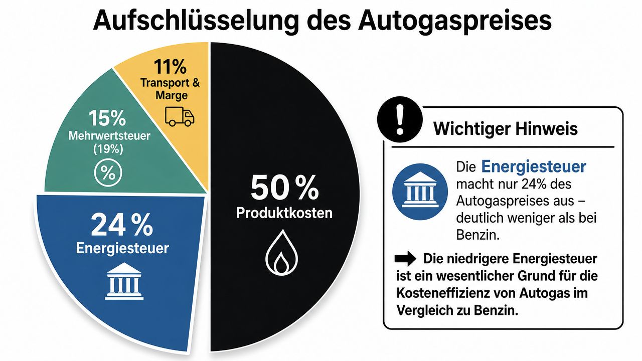 Ein Kreisdiagramm zeigt die prozentuale Aufschlüsselung der Kostenbestandteile für den Preis von Autogas.