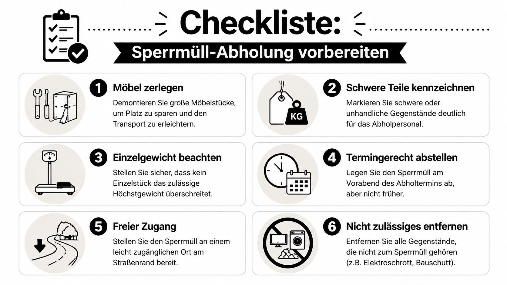 Eine illustrative Checkliste zur Vorbereitung der Sperrmüllabholung mit sechs wichtigen Hinweisen für eine reibungslose Entsorgung.