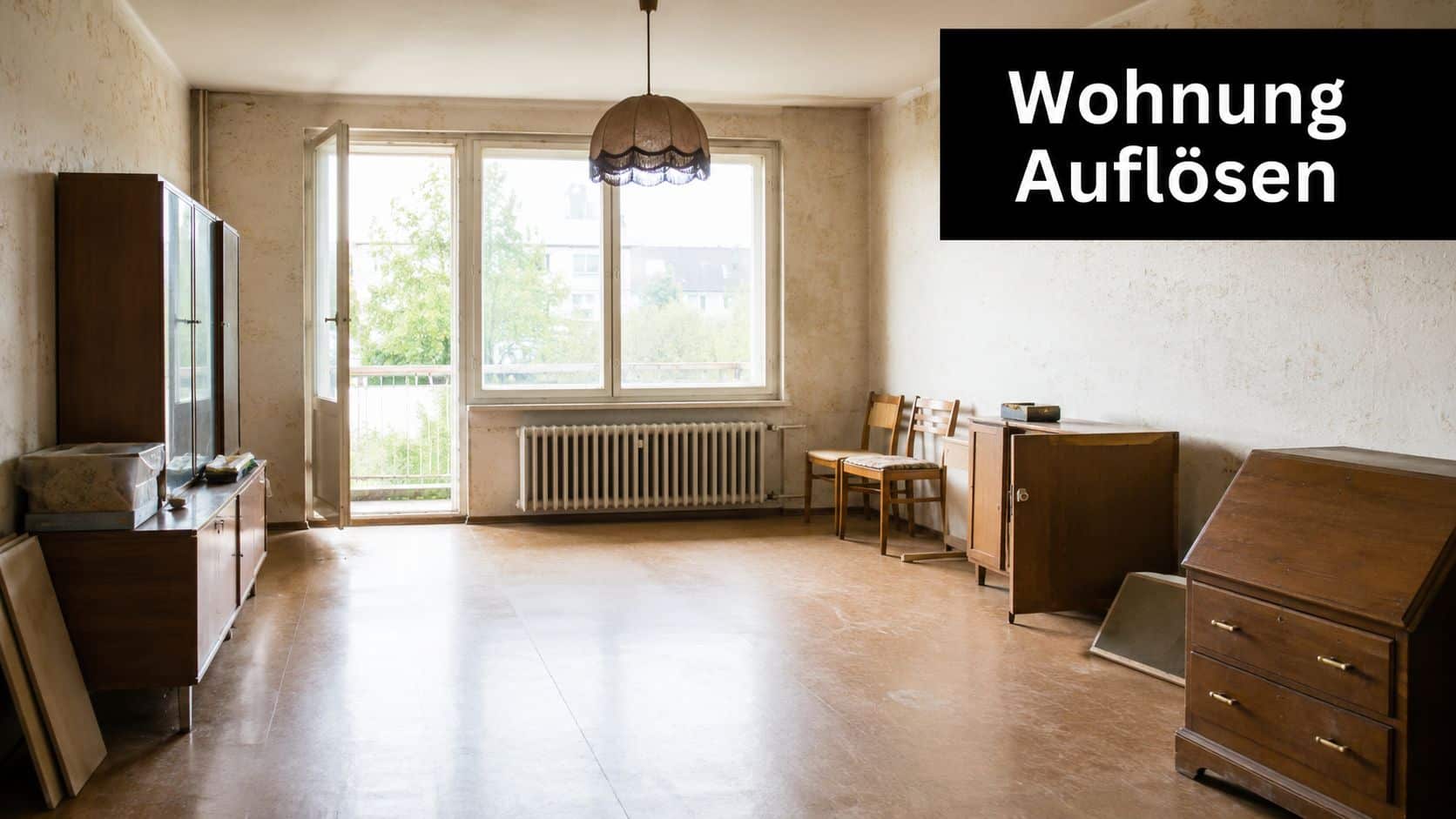 Ein leerstehendes Wohnzimmer mit veralteten Holzmöbeln, einem Heizkörper und einer Balkontür in einer alten Wohnung.