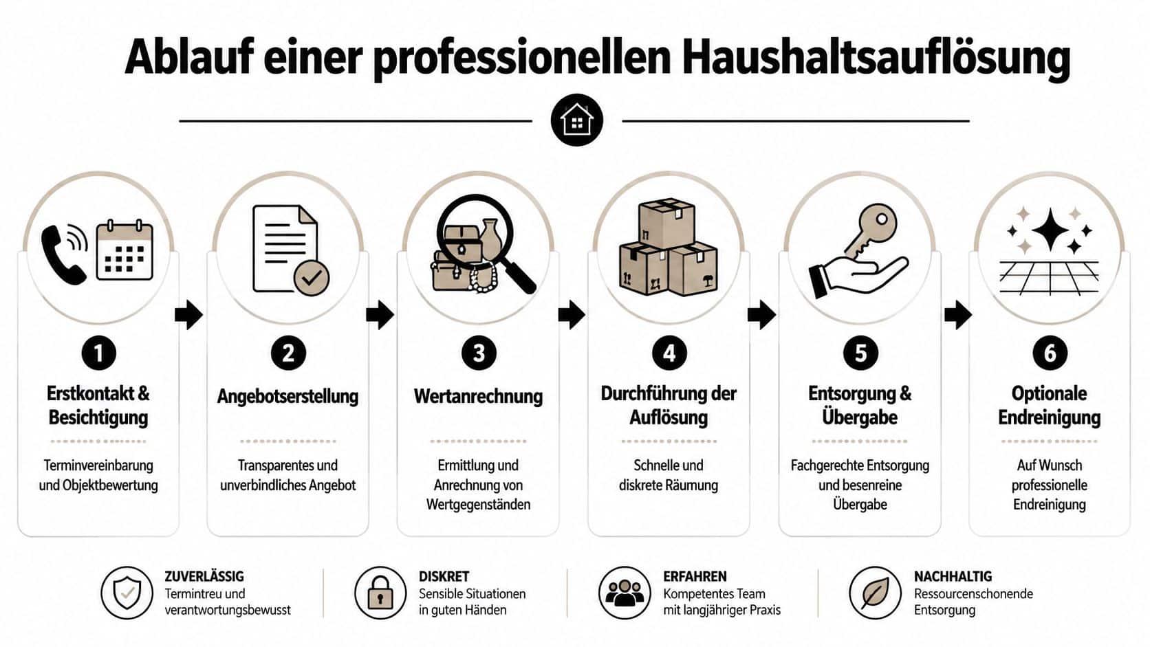 Grafik zeigt den sechsstufigen Ablauf einer professionellen Haushaltsauflösung von der Erstbesichtigung bis zur optionalen Endreinigung.