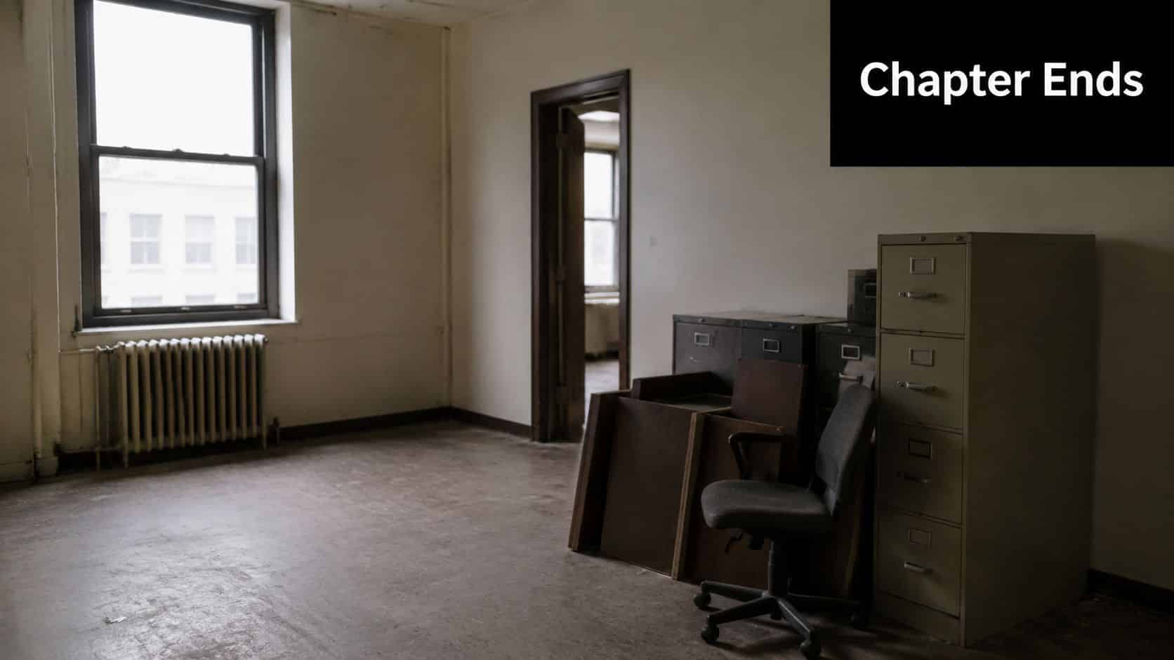 Ein leeres, verlassenes Büro mit Aktenschränken, einem Bürostuhl und einem Heizkörper vor einem großen Fenster.