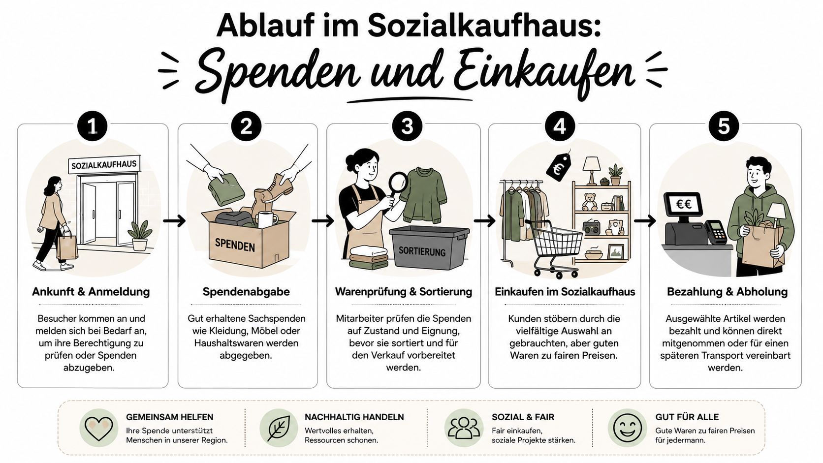 Eine Infografik erklärt den Prozess im Sozialkaufhaus von der Spendenabgabe bis hin zum Einkauf und zur Bezahlung.