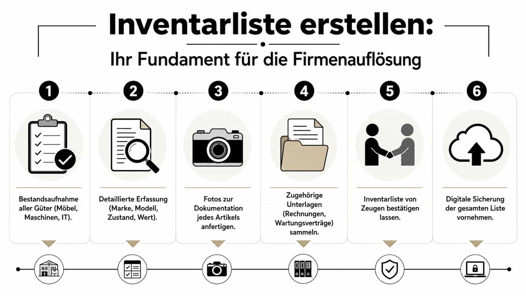 Eine sechs-schrittige Infografik zur Erstellung einer Inventarliste für die professionelle Firmenauflösung und Dokumentation von Unternehmensgütern.