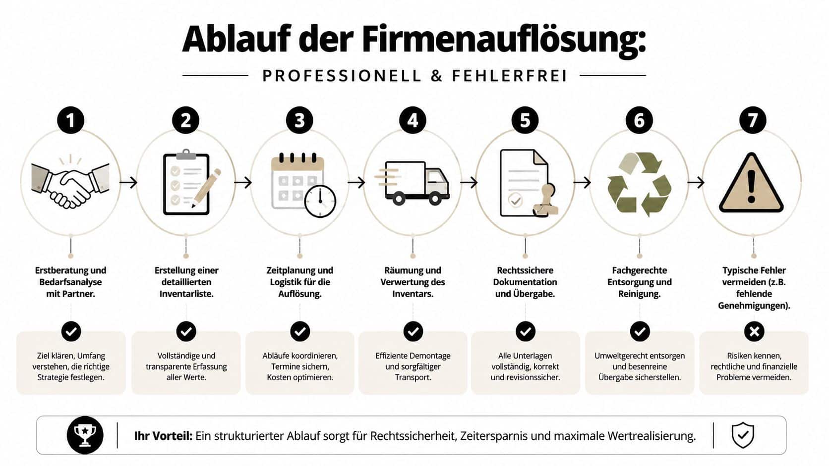 Eine Infografik, die den siebenstufigen Ablauf einer professionellen Firmenauflösung mit Inventarverwaltung und rechtssicherer Entsorgung darstellt.