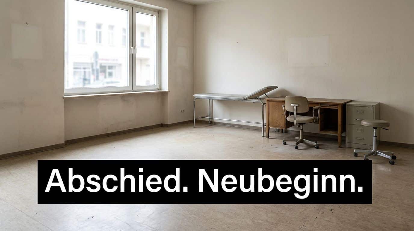 Ein leerer Praxisraum mit Untersuchungsliege, Schreibtisch und Stühlen vor einem Fenster in einem hellen, nüchternen Zimmer.