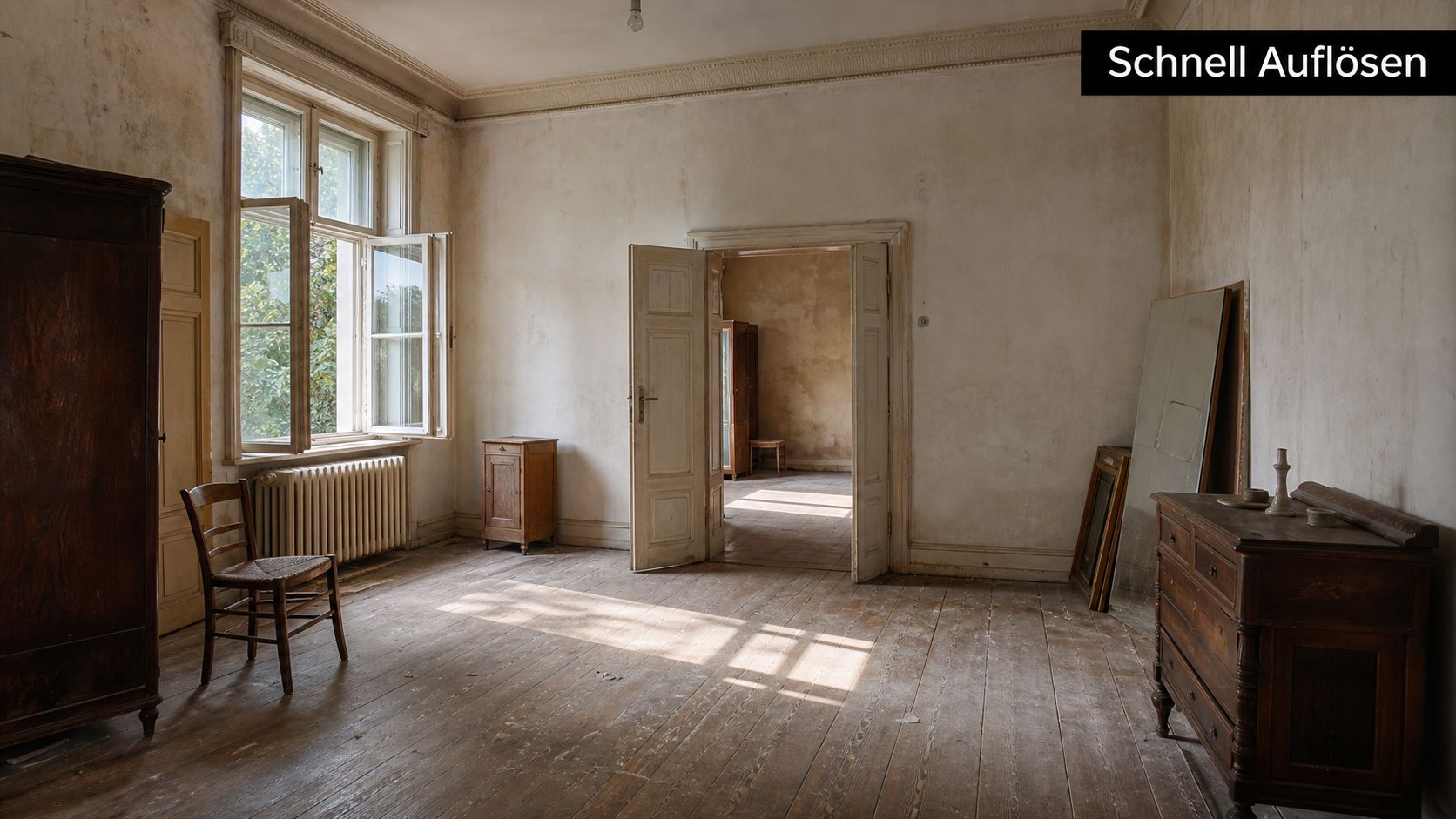 Ein leerstehendes, altes Zimmer mit Holzboden, einer Kommode, einem Stuhl und einer geöffneten Tür in einer Wohnung.