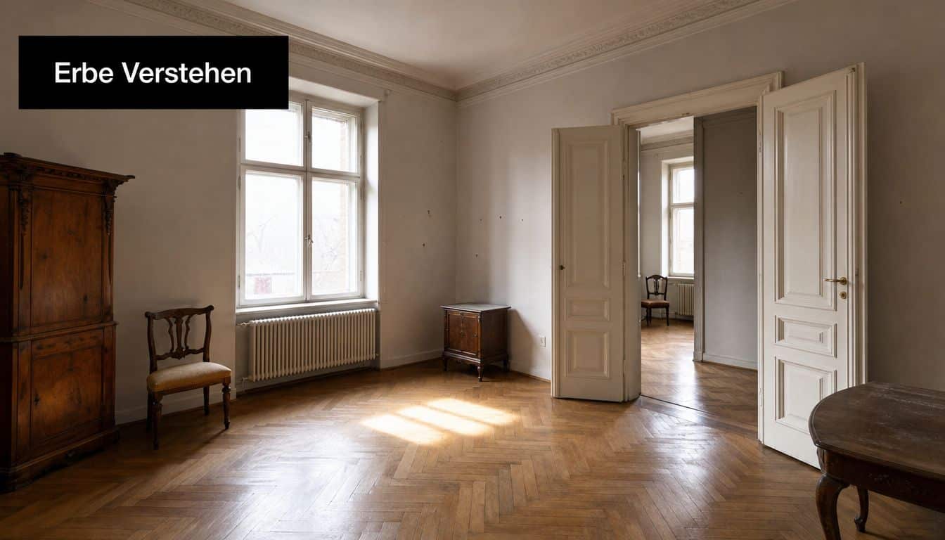 Ein heller, geräumiger Raum mit Parkettboden und antiken Möbeln in einer klassischen Altbauwohnung bei Tageslicht.