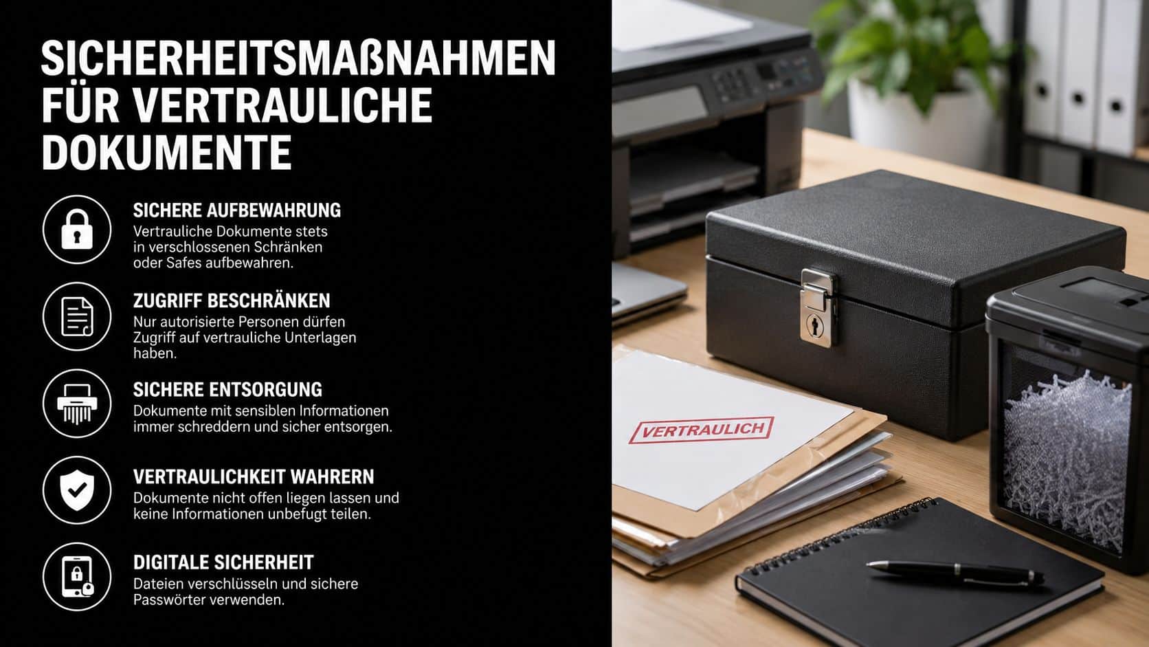 Eine Infografik mit fünf Sicherheitsmaßnahmen für den Umgang mit vertraulichen Dokumenten in einem Büro.