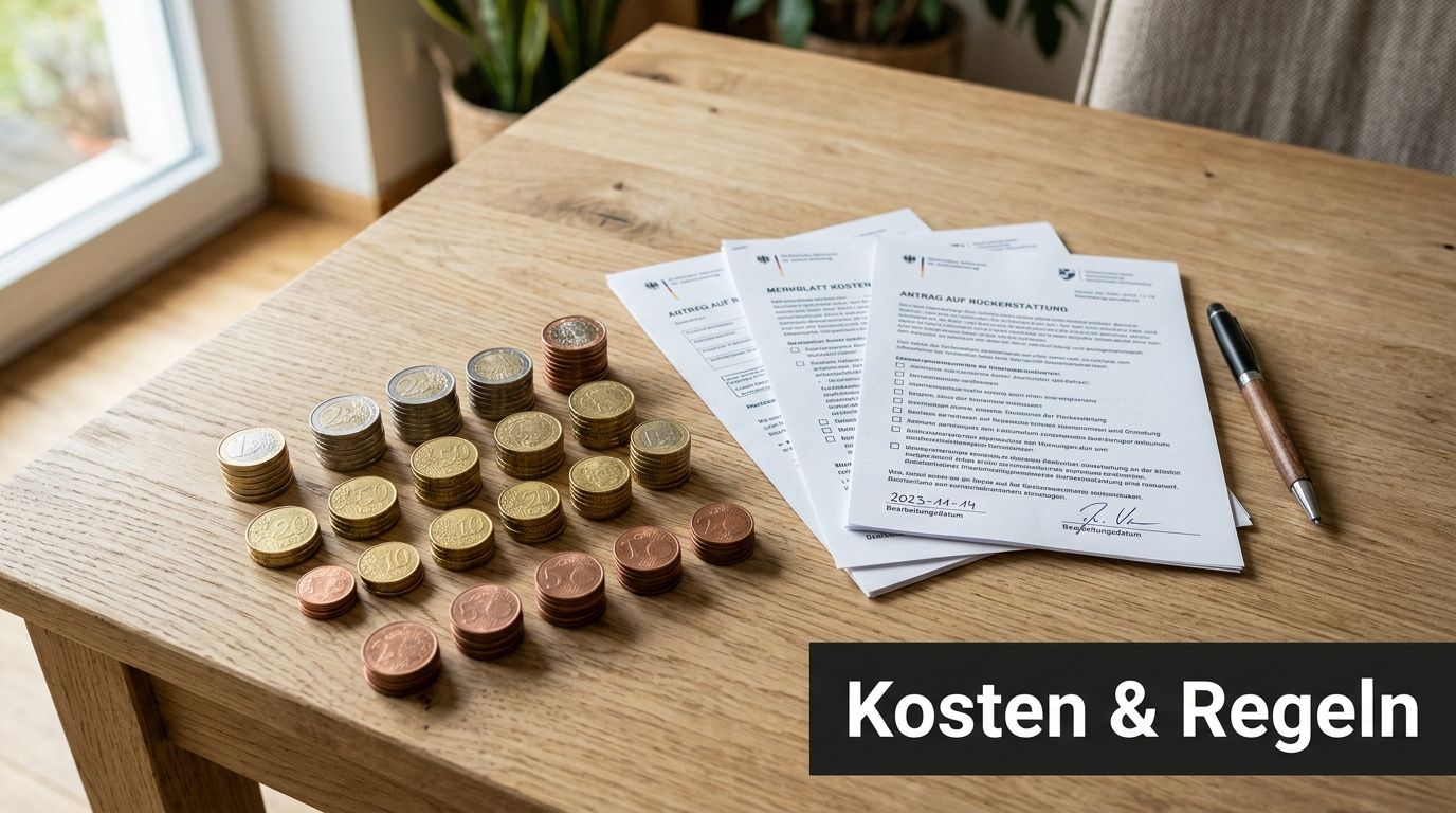 Ein Antrag auf Rückerstattung liegt mit Geldmünzen auf einem Holztisch, bereit für die Einreichung bei Behörden.