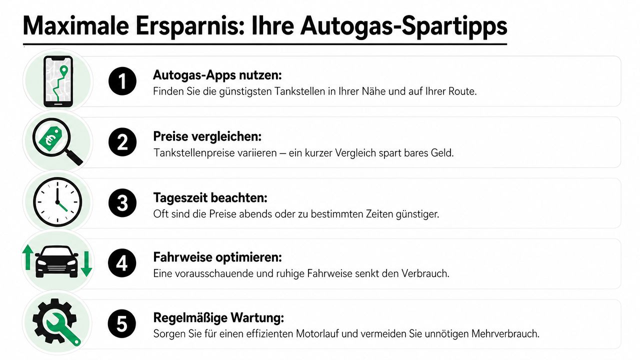 Eine Infografik mit fünf praktischen Tipps, um beim Autogas-Tanken effektiv Geld zu sparen und den Verbrauch zu senken.