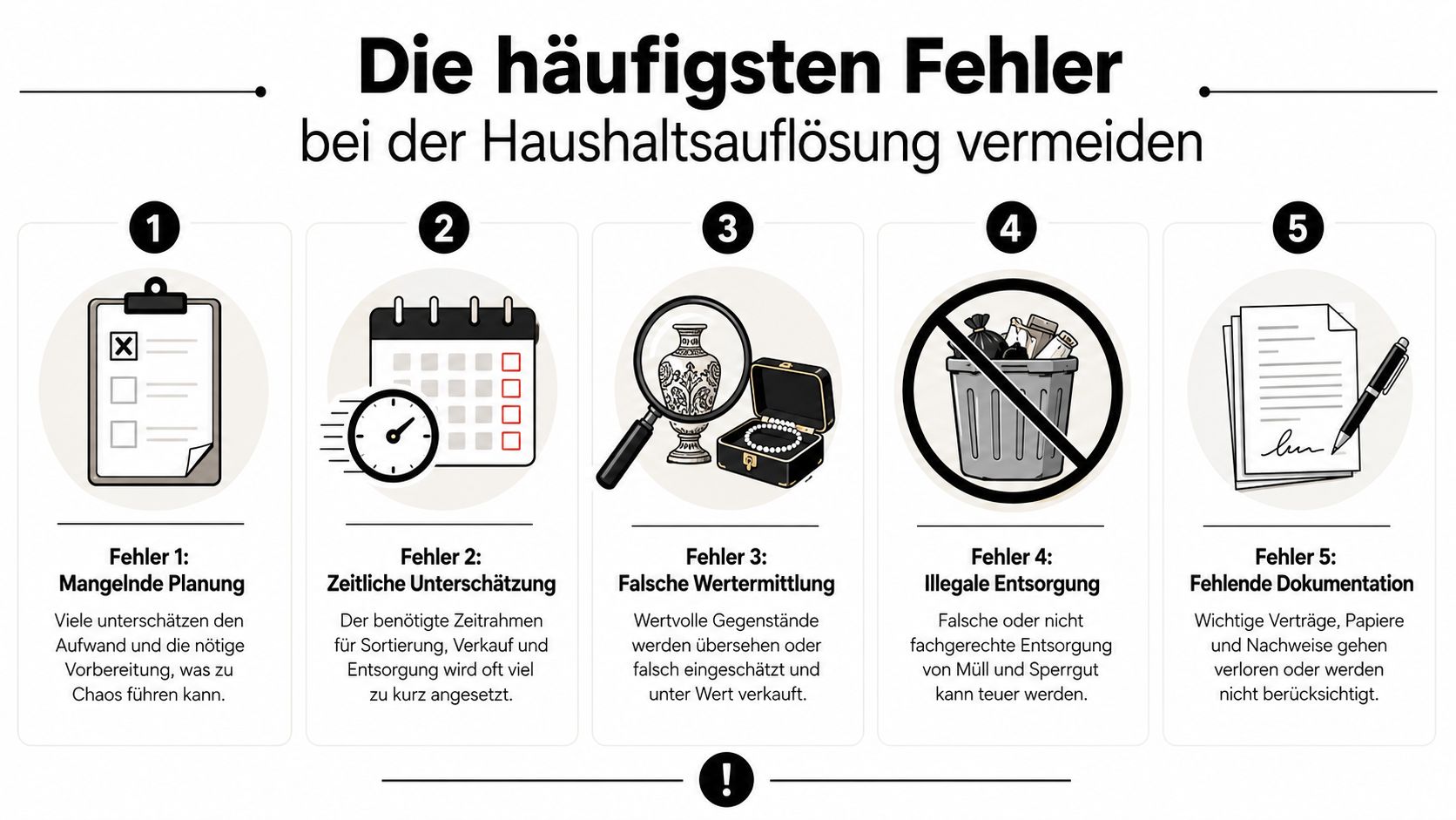 Infografik zeigt die fünf häufigsten Fehler bei der Haushaltsauflösung und wie man sie effektiv vermeiden kann.