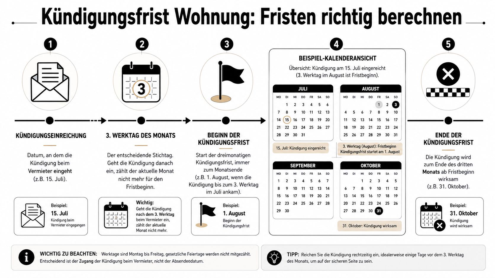 Eine Infografik zur korrekten Berechnung der dreimonatigen gesetzlichen Kündigungsfrist für Wohnungen anhand eines beispielhaften Kalenders.