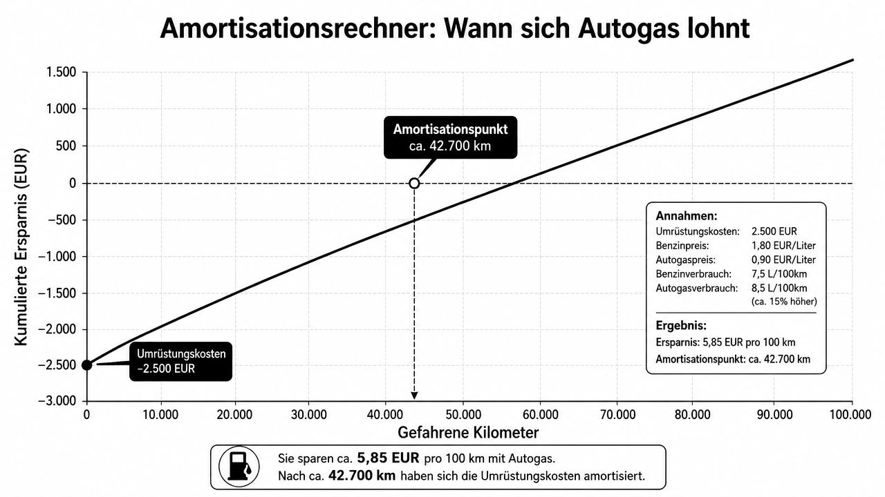 Ein Diagramm zur Amortisationsrechnung für eine Autogas-Umrüstung mit Angabe der Kosten, Ersparnis und des Break-Even-Punkts in Kilometern.