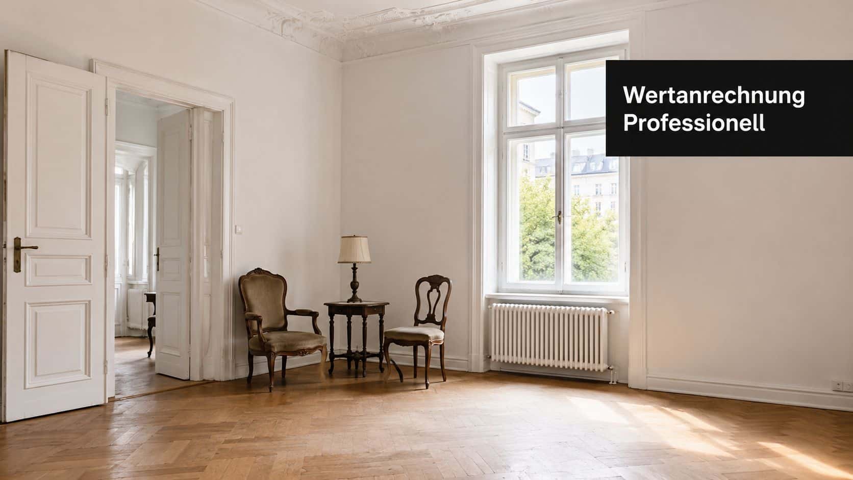 Ein helles, leeres Zimmer mit Fischgrätparkett, zwei antiken Stühlen, einer Lampe und einem großen Fenster.