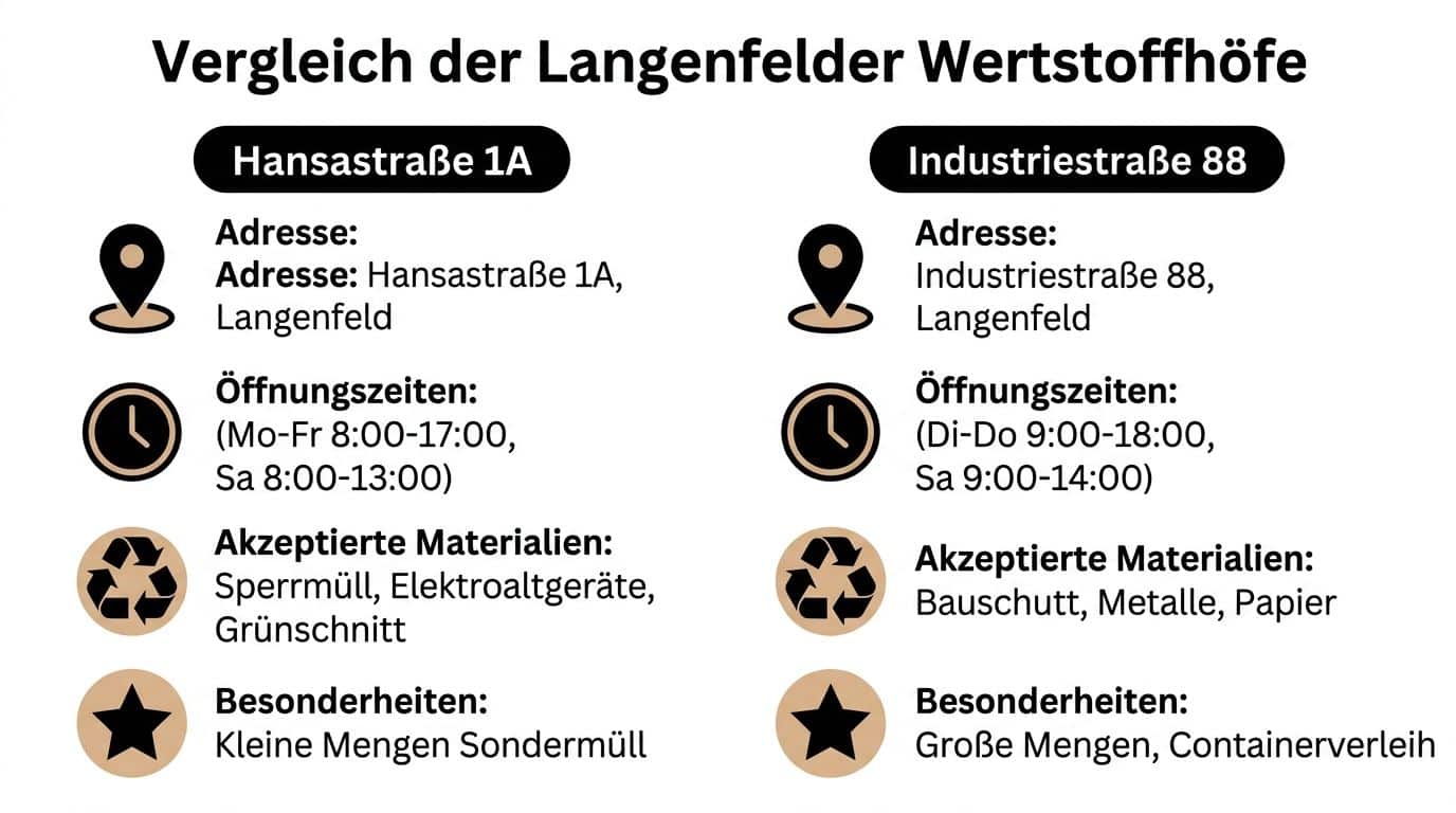 Vergleich der zwei Wertstoffhöfe in Langenfeld mit Adressen, Öffnungszeiten, Materialien und Besonderheiten in einer übersichtlichen Infografik.