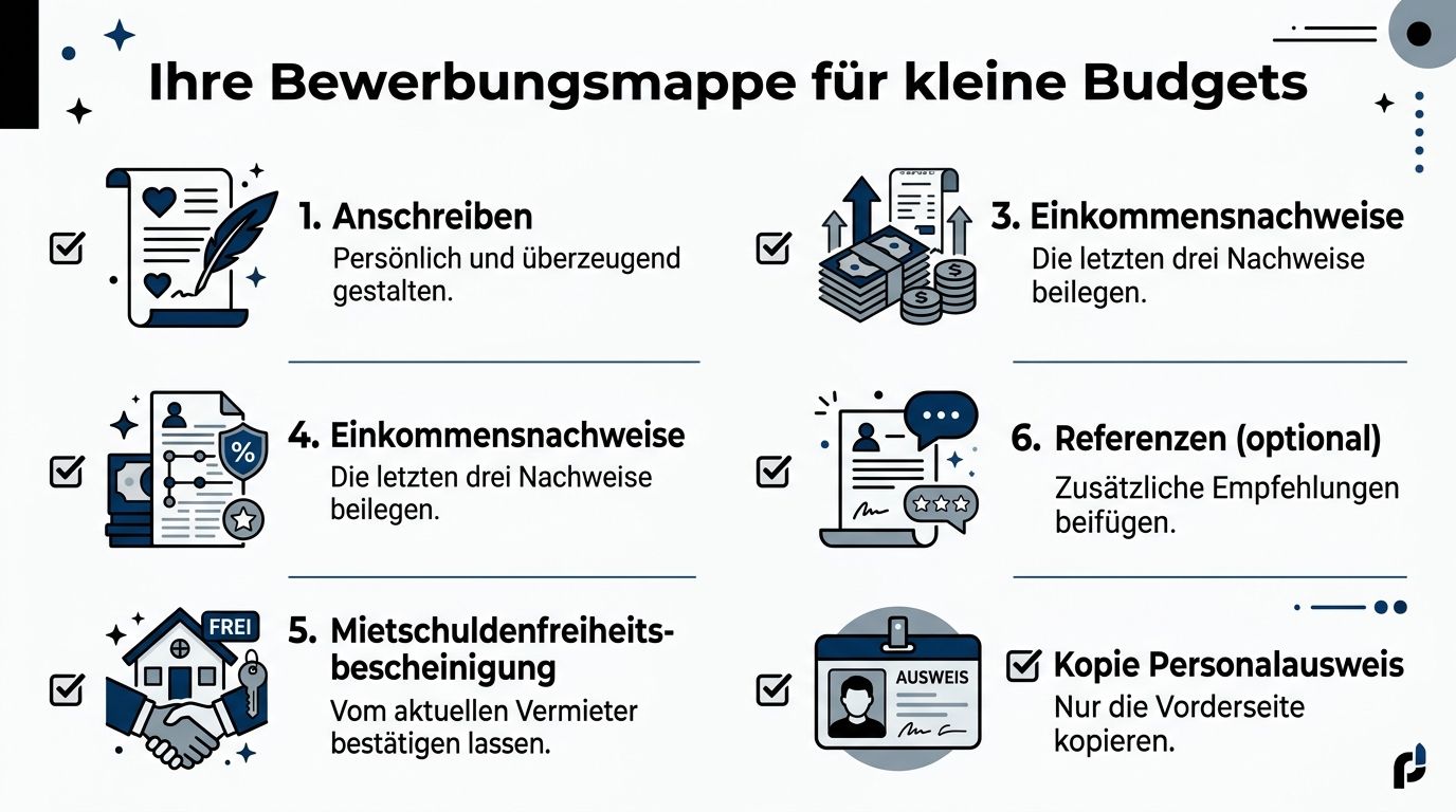 Eine Infografik mit Tipps für eine erfolgreiche Bewerbungsmappe bei der Suche nach einer günstigen Mietwohnung.