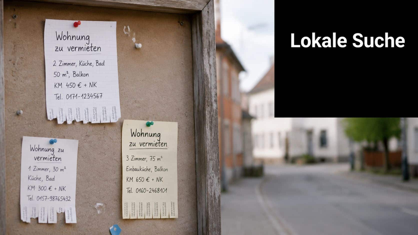 Ein schwarzes Brett im Außenbereich mit drei verschiedenen Zetteln für zu vermietende Wohnungen in einer Stadt.