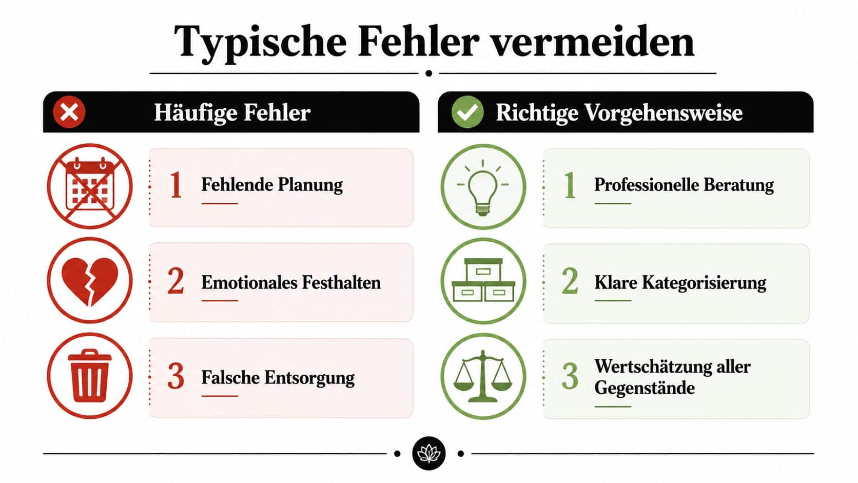 Eine Infografik zum Thema Prioritäten setzen, die häufige Fehler der Entrümpelung und korrekte Vorgehensweisen gegenüberstellt.