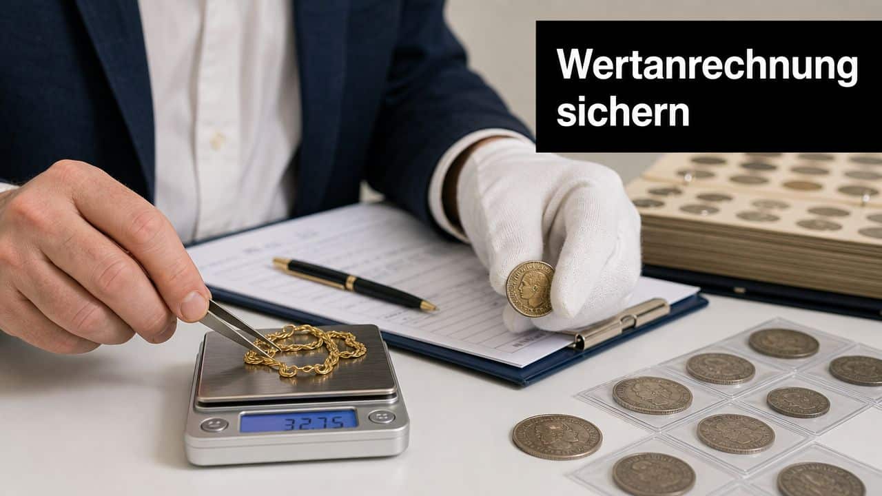 Ein Gutachter in weißen Handschuhen wiegt Goldschmuck mit einer Waage und bewertet eine historische Münze.