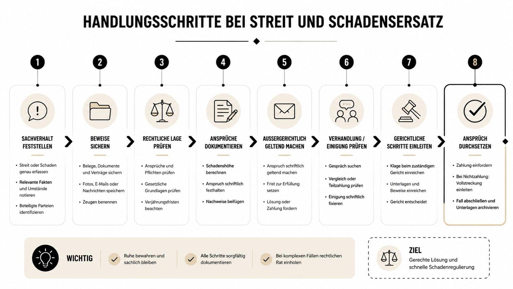 Eine Infografik mit acht Schritten zur rechtlichen Bewältigung von Streitfällen und der Durchsetzung von Schadensersatzansprüchen.