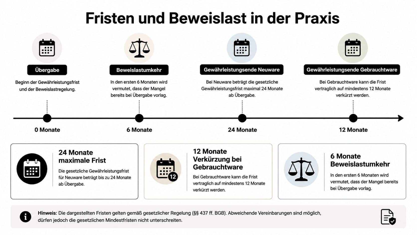 Eine Infografik erklärt die gesetzlichen Fristen und die Beweislastumkehr bei Gewährleistungsansprüchen für Neu- und Gebrauchtwaren.