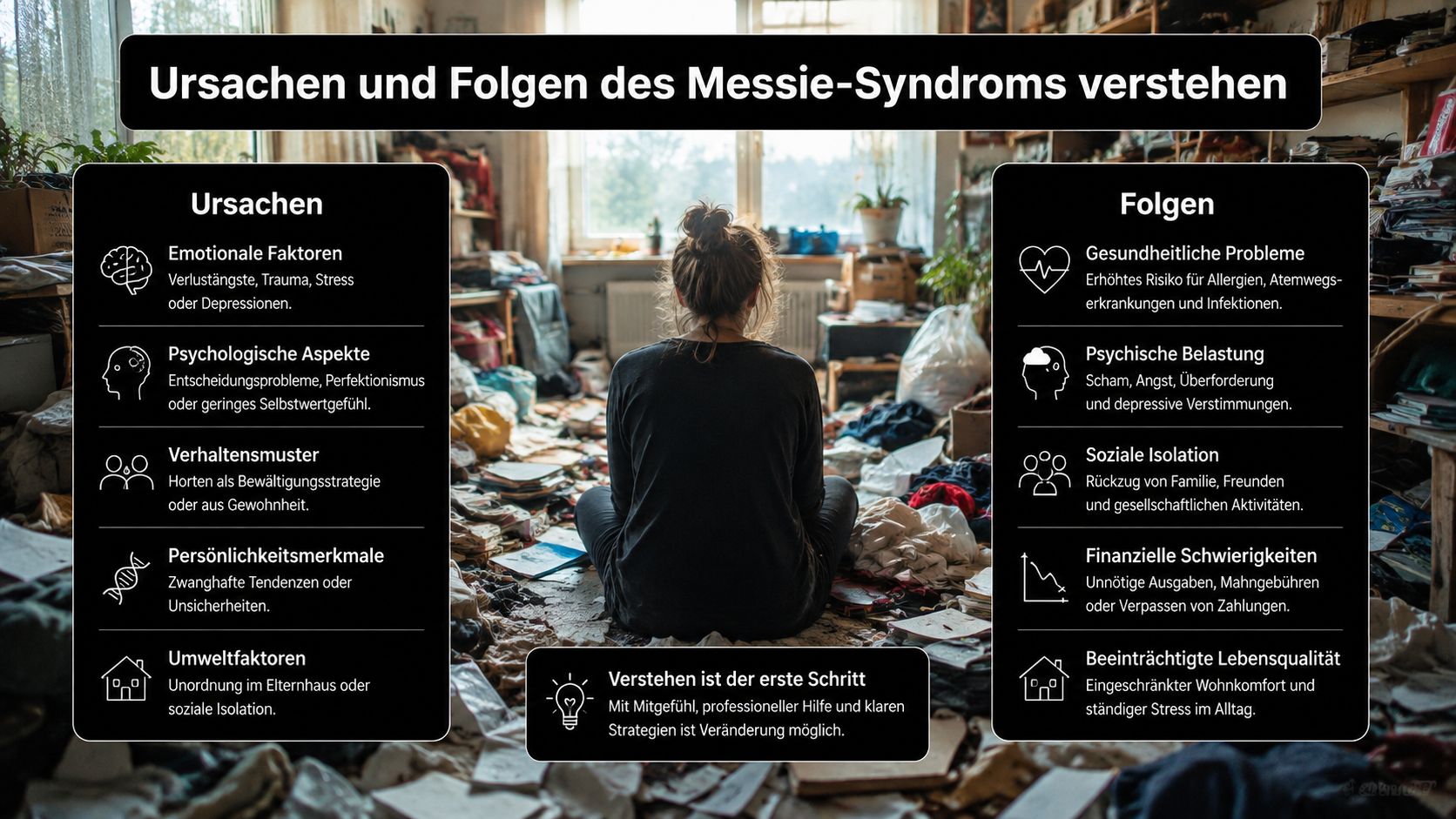 Eine Infografik erklärt die Ursachen und Folgen des Messie-Syndroms für Betroffene und deren Angehörige.