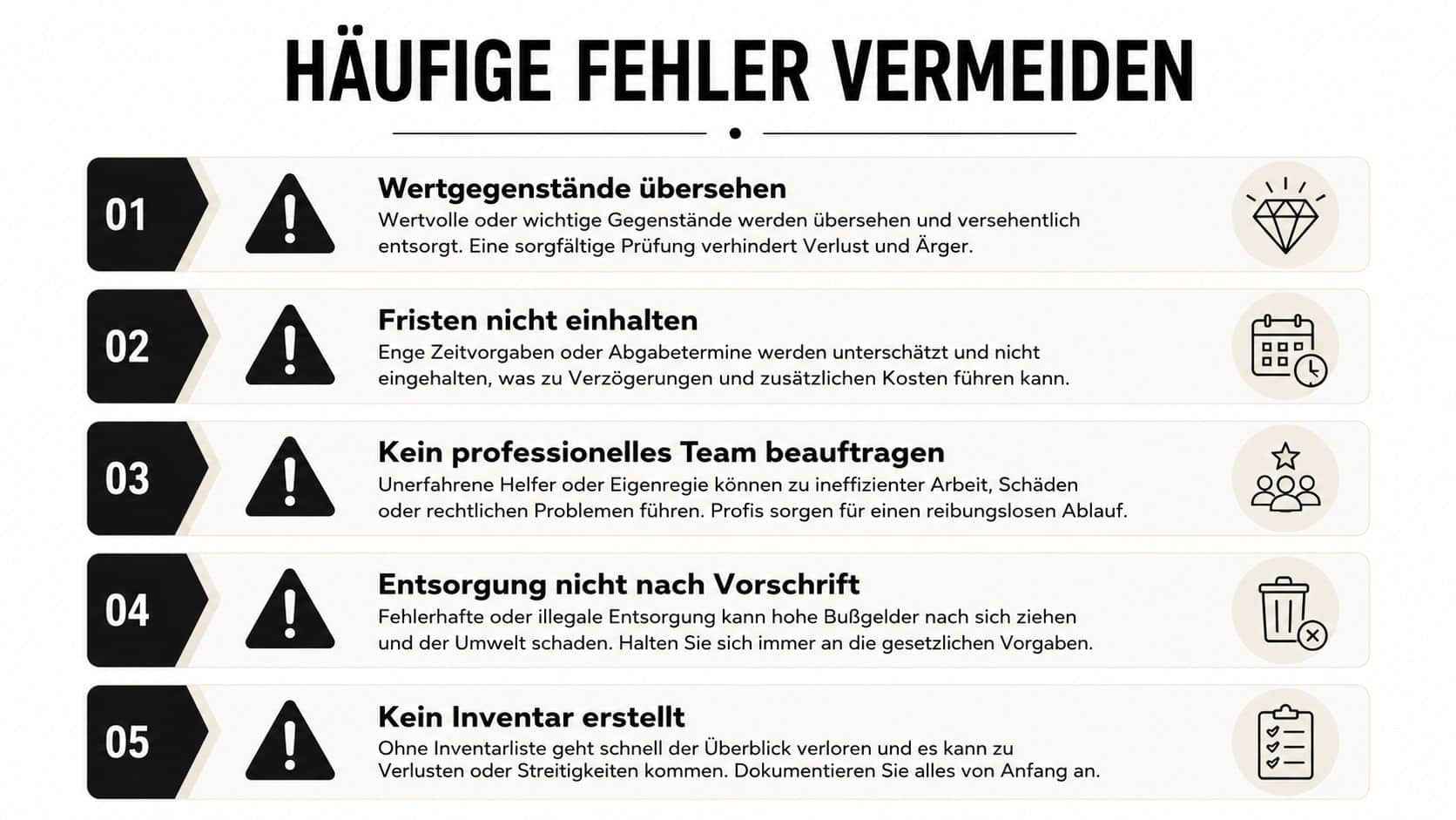 Eine Infografik zur Vermeidung von fünf häufigen Fehlern bei Wohnungsauflösungen und Entrümpelungen für eine stressfreie Planung.