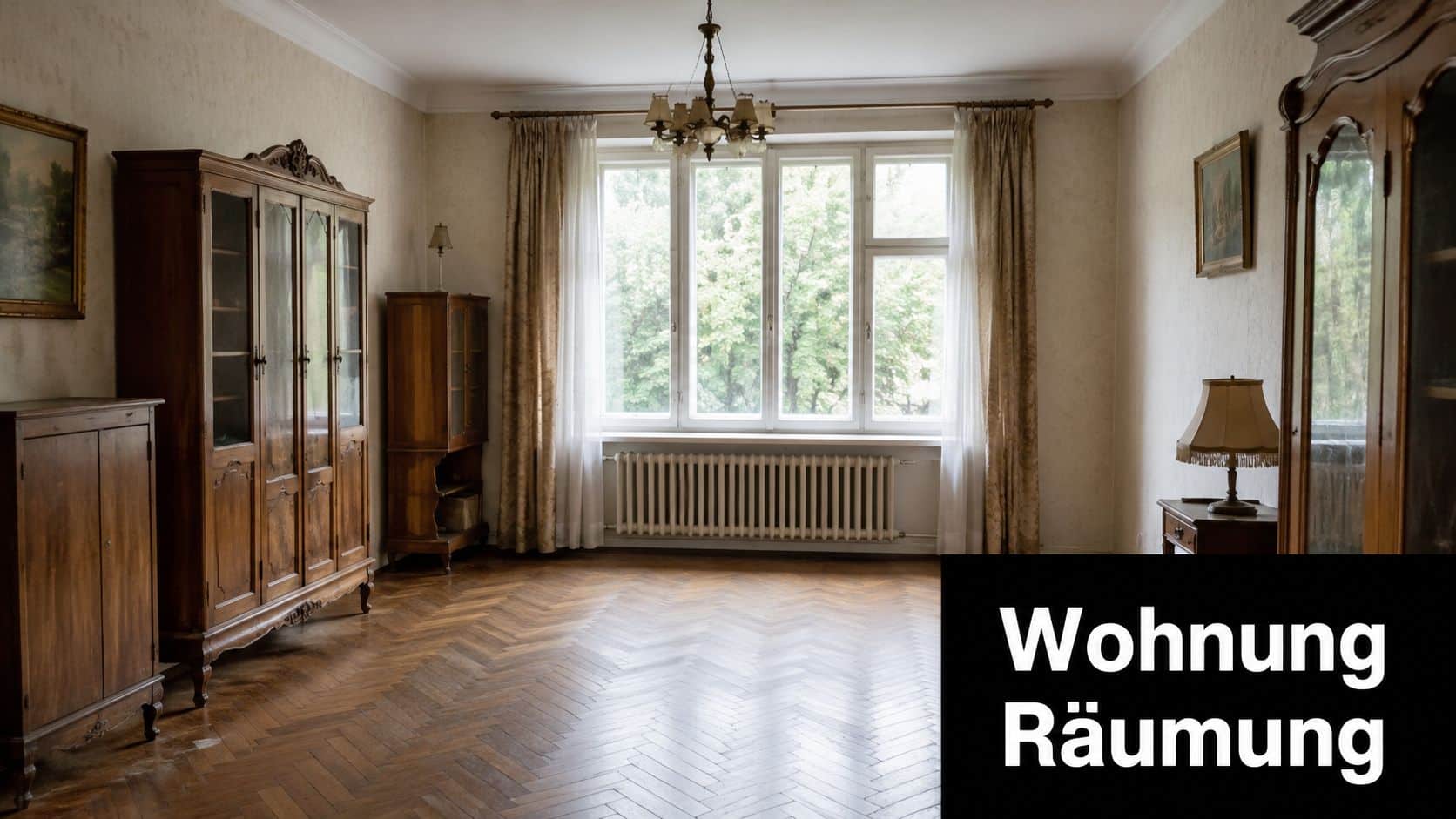 Ein geräumiges, klassisch eingerichtetes Wohnzimmer mit antiken Holzmöbeln, Parkettboden und großen Fenstern bei einer Wohnungsauflösung.
