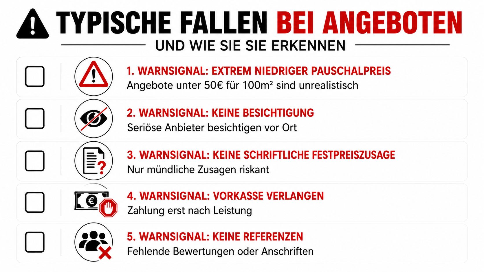 Infografik zeigt fünf Warnsignale bei unseriösen Angeboten für Dienstleistungen wie zum Beispiel eine Wohnungsreinigung.