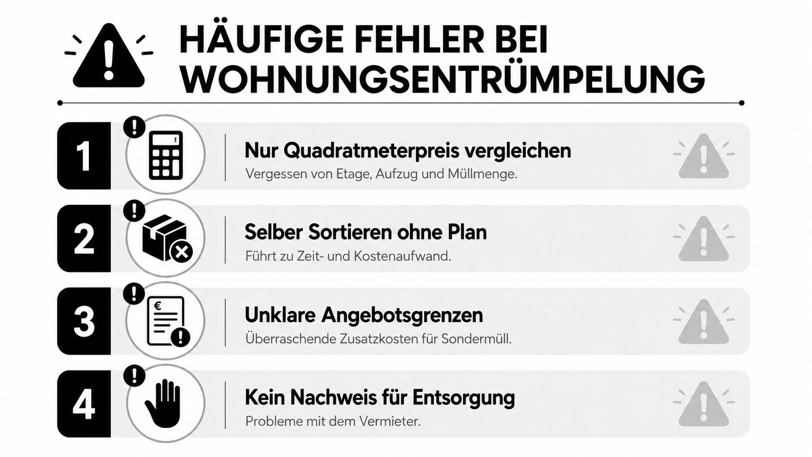 Eine Infografik mit vier häufigen Fehlern bei der Wohnungsentrümpelung, dargestellt durch nummerierte Punkte und entsprechende Warnsymbole.