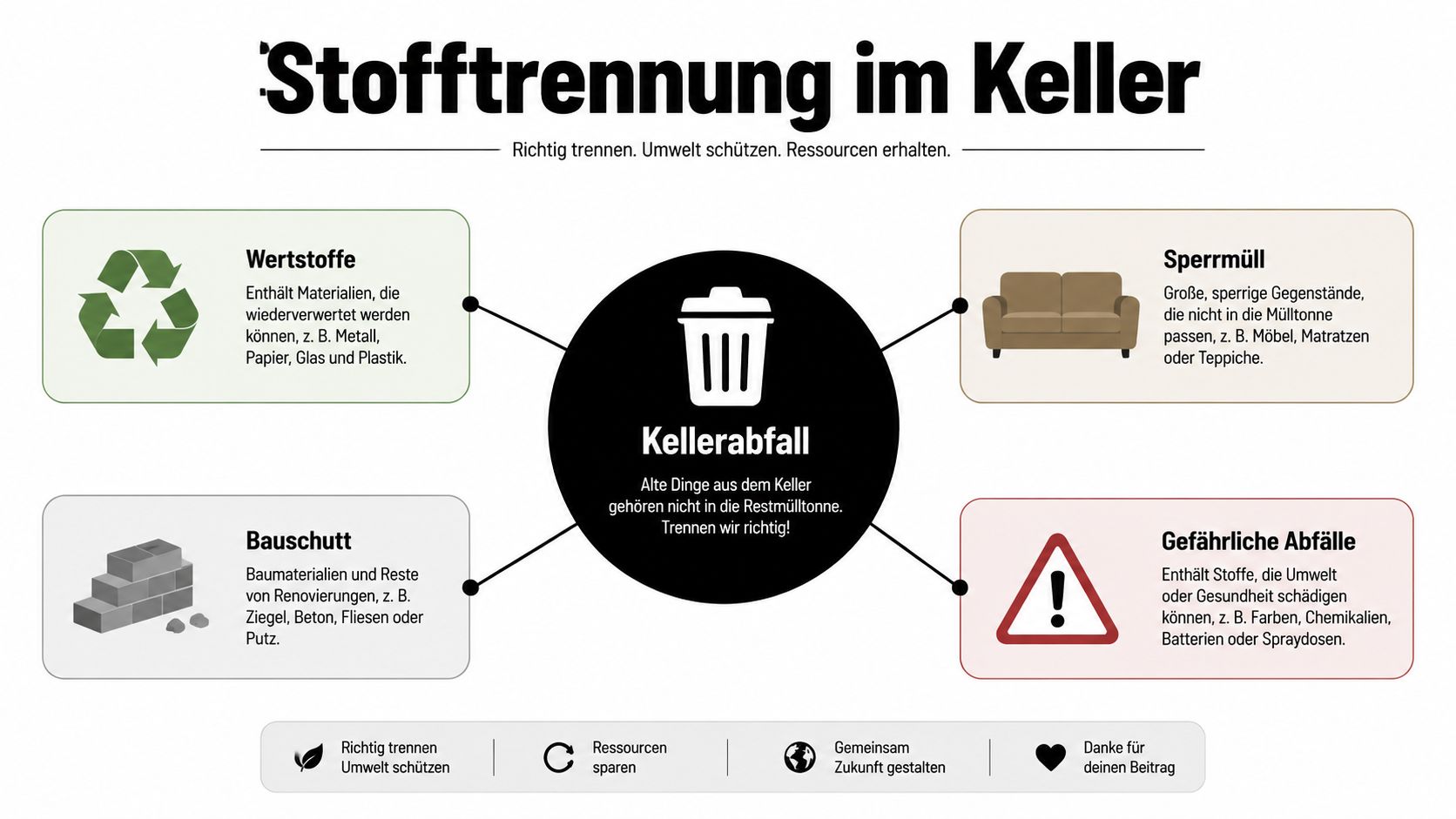 Eine Infografik zur richtigen Mülltrennung von Gegenständen aus dem Keller in verschiedene Kategorien.