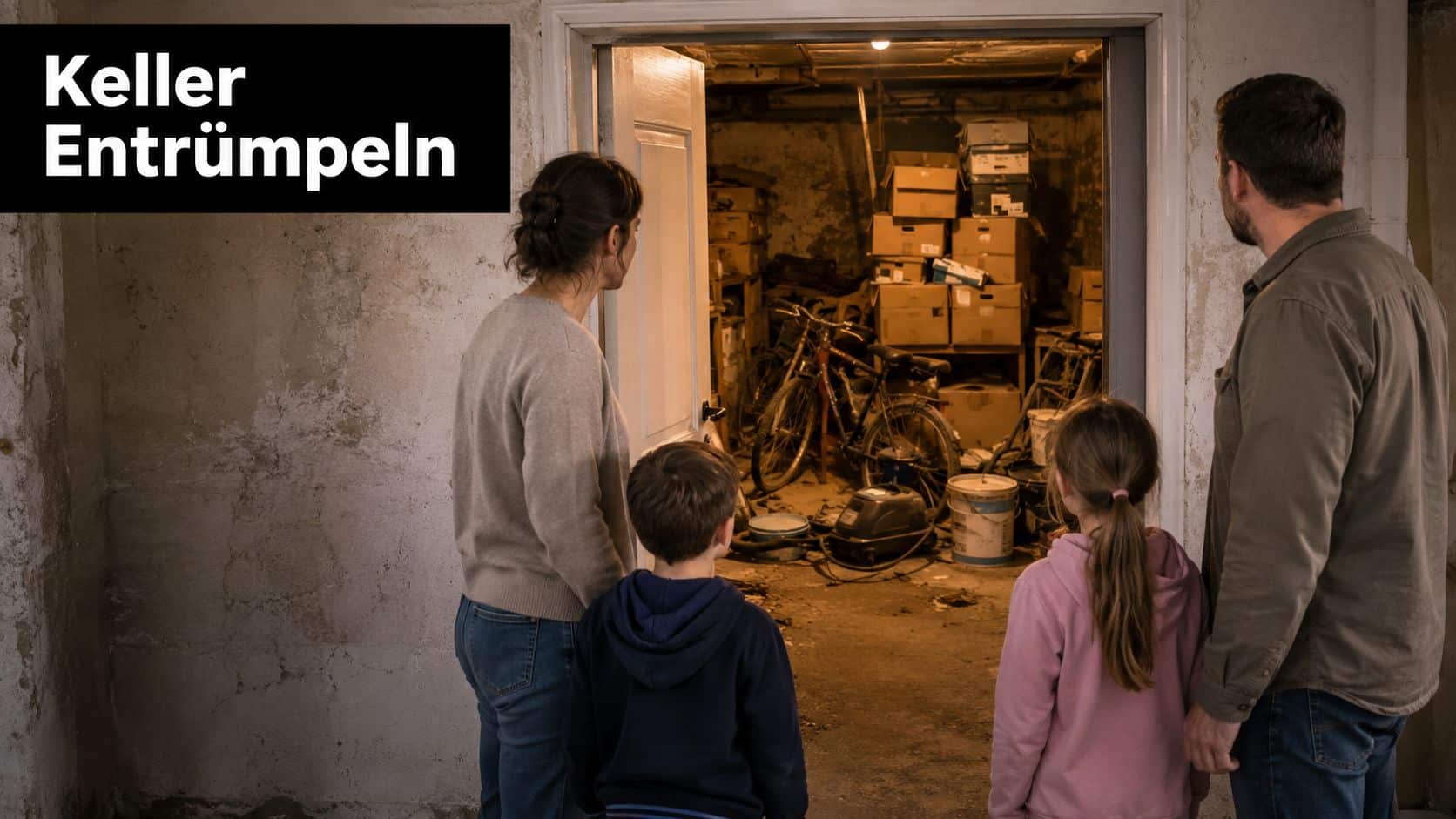 Eine Familie steht vor der Tür eines vollgestellten Kellers und betrachtet das Durcheinander an alten Gegenständen.