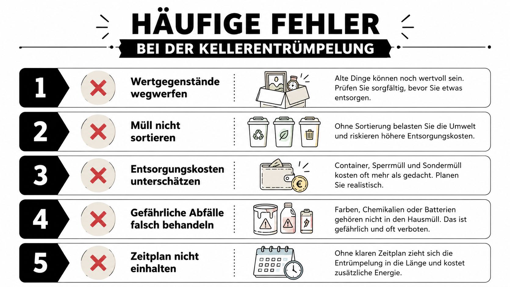 Infografik mit fünf häufigen Fehlern bei der Kellerentrümpelung, die für eine effiziente und umweltfreundliche Entsorgung vermieden werden sollten.