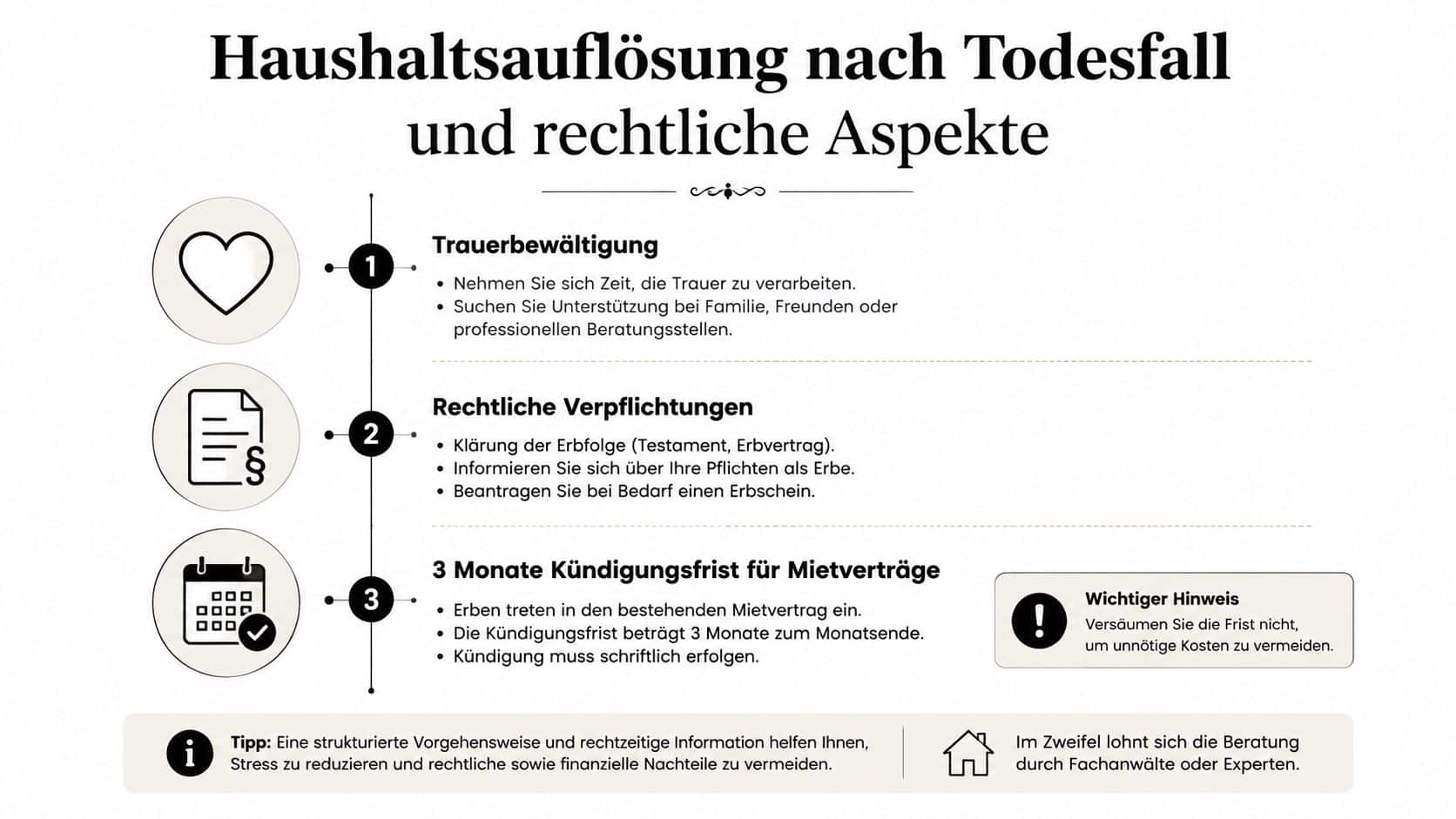 Infografik zur Haushaltsauflösung nach einem Todesfall mit Tipps zur Trauerbewältigung, rechtlichen Pflichten und Fristen für Mietverträge.
