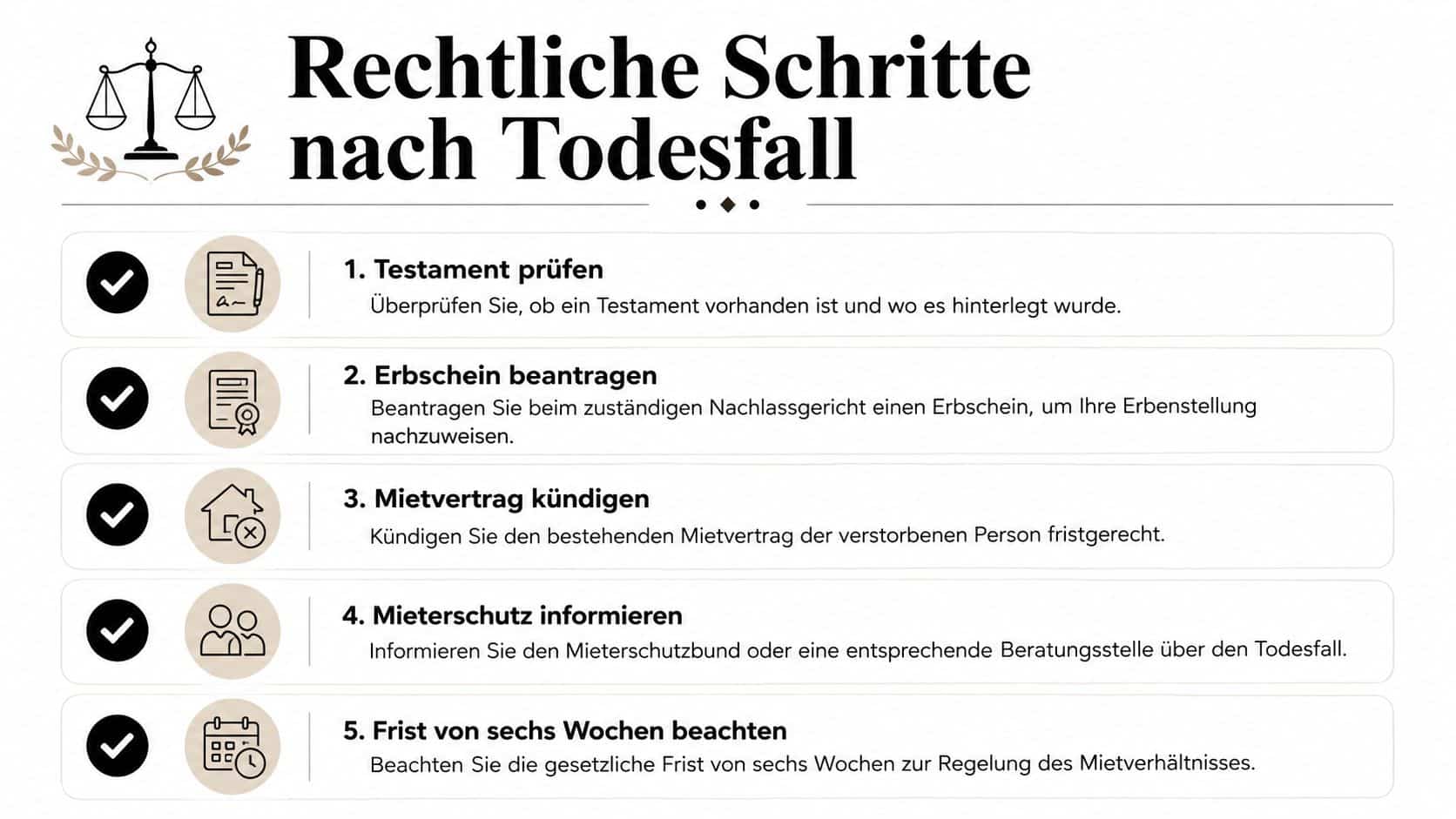 Eine Infografik mit fünf Schritten zu rechtlichen Maßnahmen nach einem Todesfall, inklusive Testament und Erbschein.
