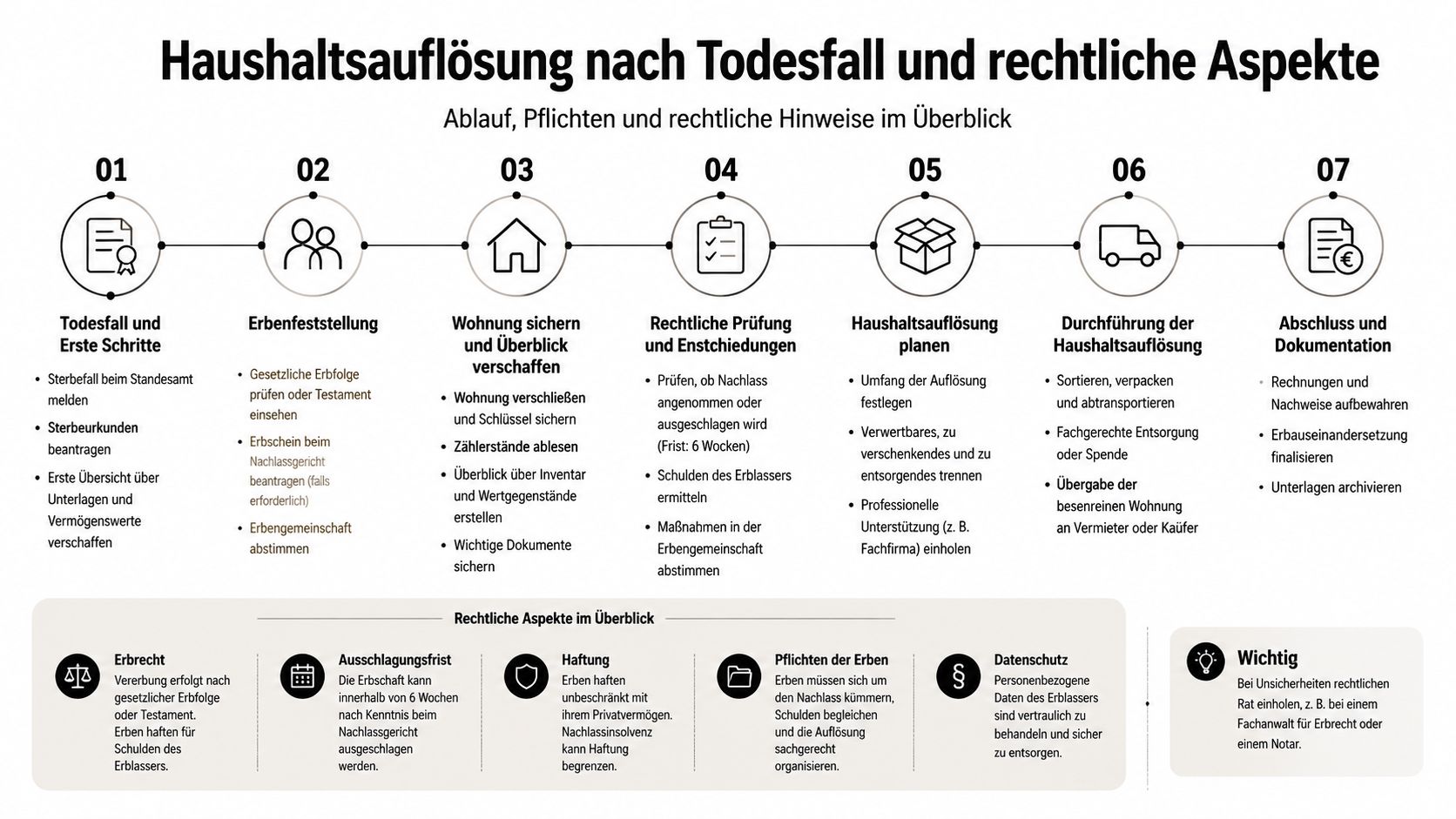 Eine Infografik zum Ablauf einer Haushaltsauflösung nach einem Todesfall, inklusive rechtlicher Aspekte und wichtiger Handlungsschritte.