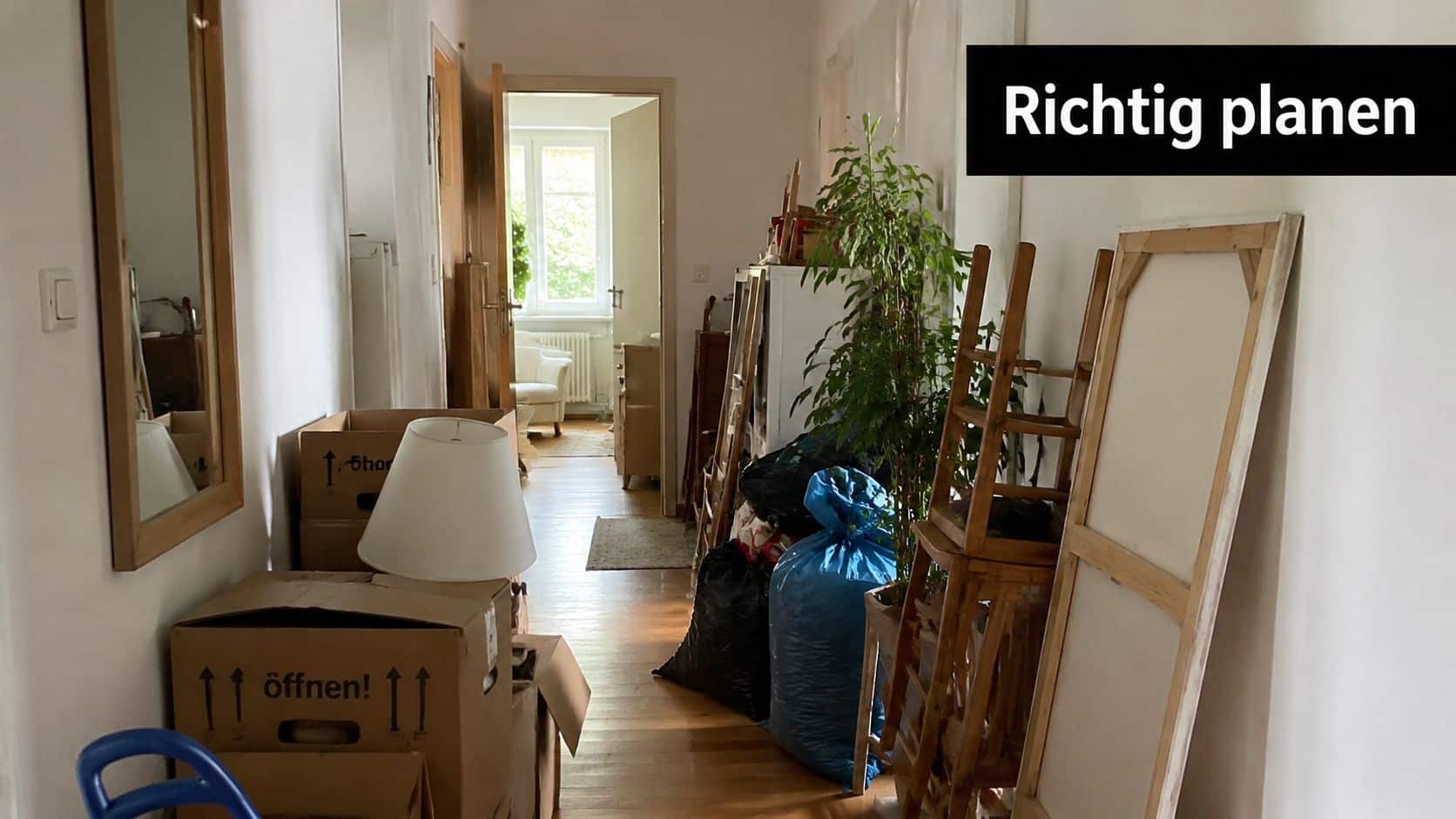 Ein enger Flur in einer Wohnung voller Umzugskartons, Müllsäcke und Gegenstände, die für die Entsorgung bereitstehen.